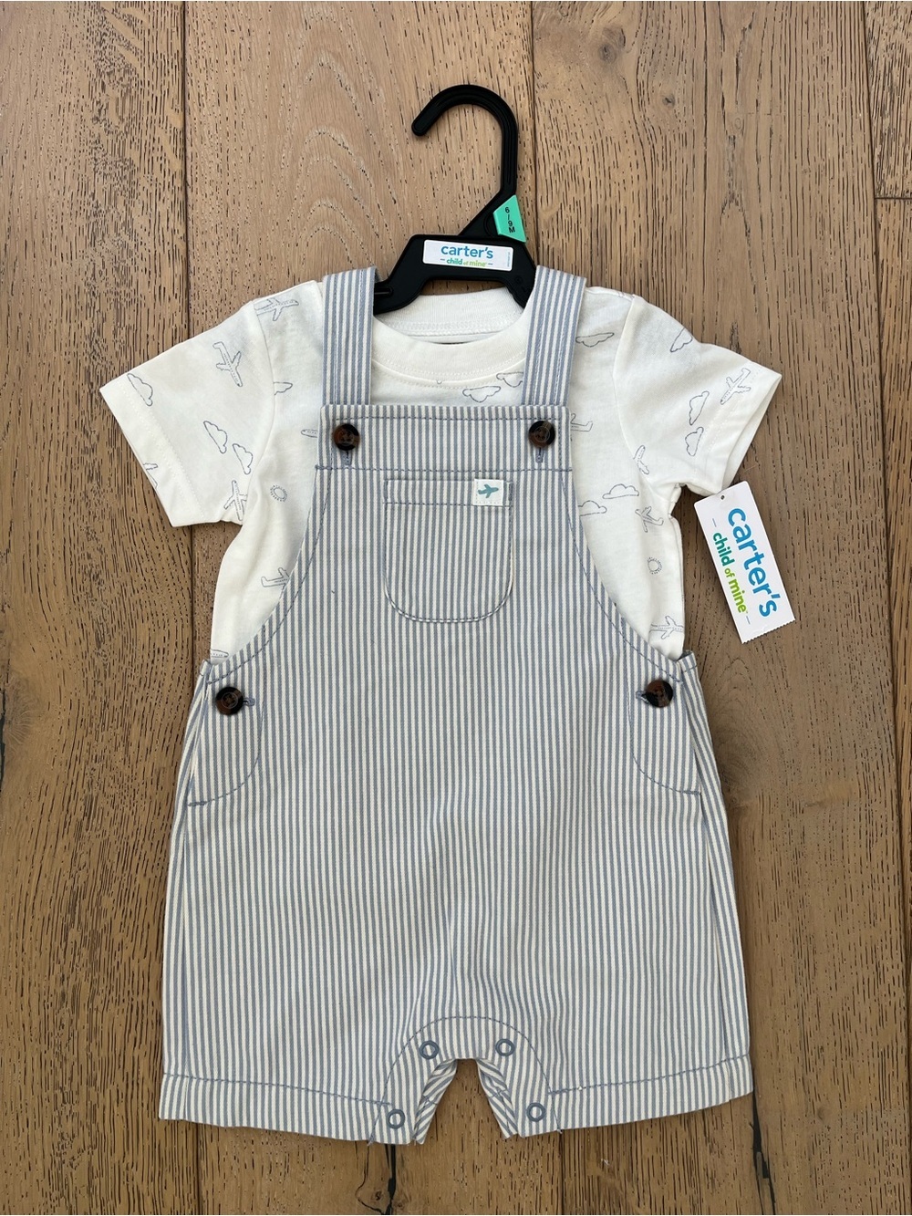 Carter’s Shortall Overall Set Navy Stripe Airplane 6-9 months Baby Boy Summer